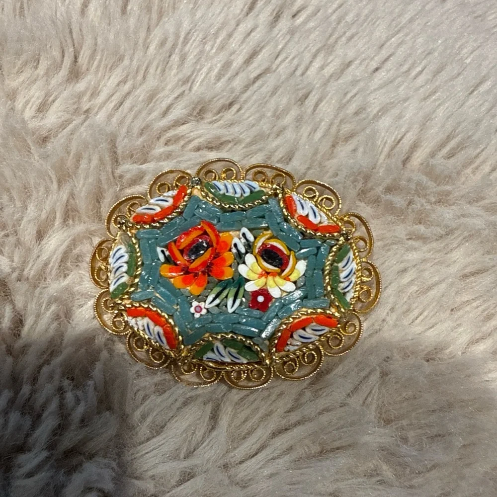 Vintage Gold Micromosaic‎ Micro Mosaic Flower Design Brooch Pin